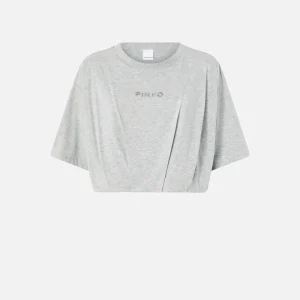 PINKO T-shirt corta e ampia con ricamo logo grigio