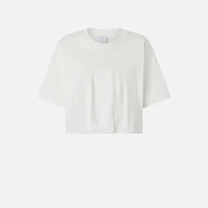 PINKO T-shirt corta e ampia con ricamo logo bianco