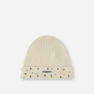 Berretto stile cuffia a coste con cristalli Pinko beige