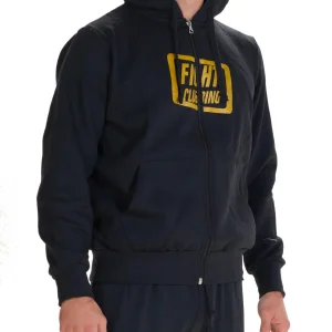 Felpa Basic Con Zip E Cappuccio Nero Logo Oro