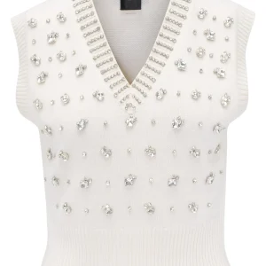 PINKO gilet in lana ponziane con strass bianco meringa