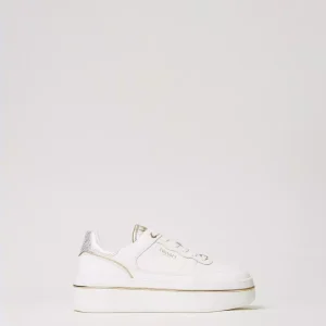 TWIN SET Sneakers platform in pelle laminata bianco oro