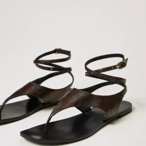 TWIN SET Sandali flat infradito in pelle Pitone marrone Chocolate