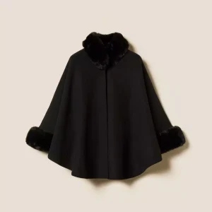 TWINSET poncho mantella in panno e faux fur nero