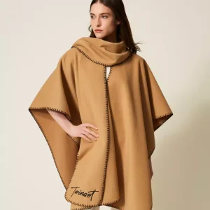 TWINSET poncho in panno con sciarpa marrone nero