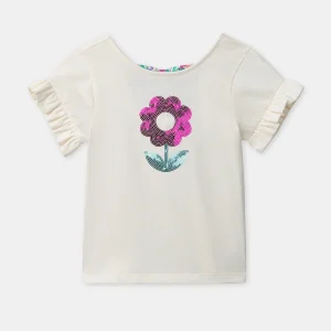 T-shirt blanc fleur à sequins et manches courtes Fille