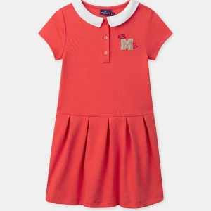 Robe mi-plissée rouge corail avec patch floral Fille