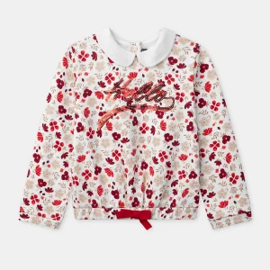 Sweat-shirt imprimé fleuri à sequins "Hello" et col claudine Fille