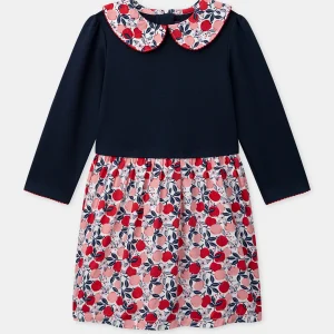 Abito bi-materiale blu navy con stampa di mele per ragazze
