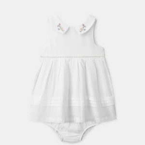 Abito Ecru con Collo Ricamato per Bambina