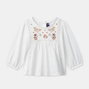 Blusa ecrù con ricami di fiori per bambina
