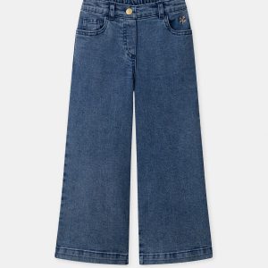 Jeans a Gamba Larga con Ricami di Fiori per Ragazza