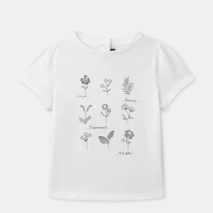 T-shirt Ecru con Stampa di Fiori per Ragazze