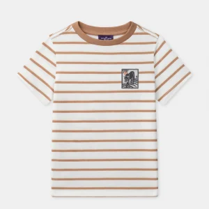 T-shirt ecru a righe marroni per ragazzo