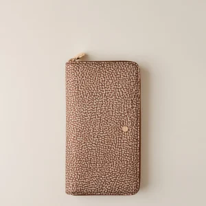 BORBONESE portafoglio large in jet e pelle zip op beige marrone