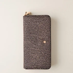 BORBONESE portafoglio large in jet e pelle doppia zip op naturale