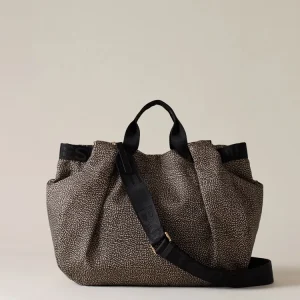 BORBONESE borsa a mano Bateau Medium in jet e pelle op naturale e nero