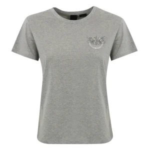 T-shirt maniche corte con ricamo gioiello Love Birds Pinko grigio