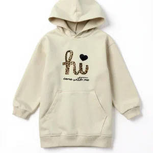 Felpa Oversize Bambina con Cappuccio Beige e Stampa "Hi" Maculata