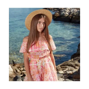 Paris Hilton abito fantasia paisley bambina spalle scoperte