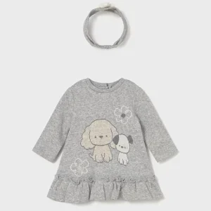 Vestito maglia grigio con cagnolini, fascia inclusa bambina