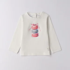 Maglietta bambina bianca maniche lunghe con disegno macarons e fiocco