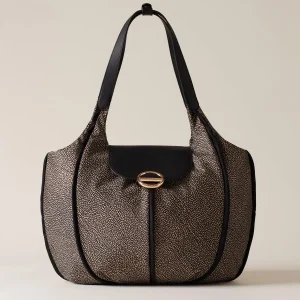 BORBONESE Borsa a spalla cottage in tessuto riciclato op naturale e pelle nero