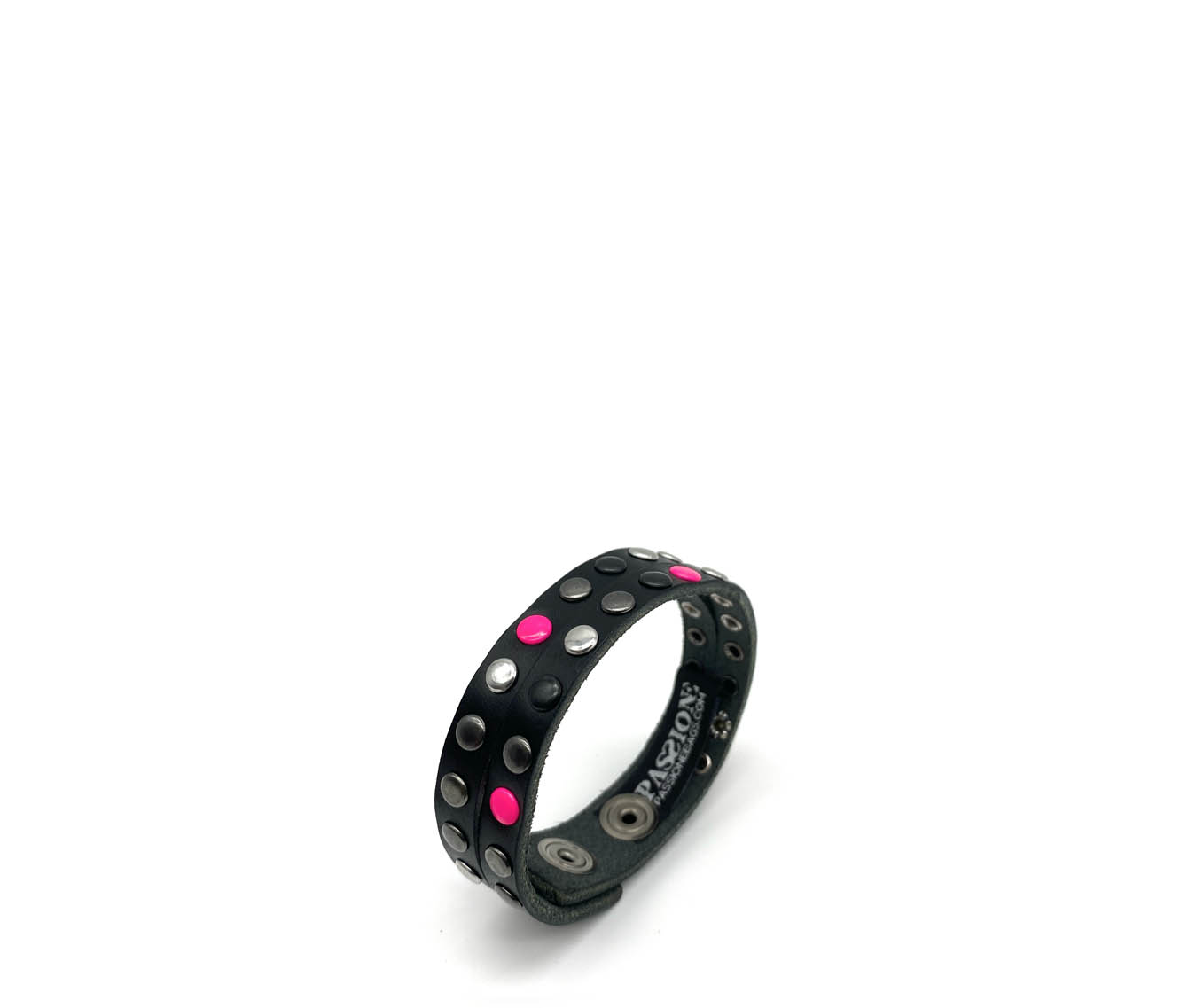• Bracciale • Pelle nera • Borchie Fucsia