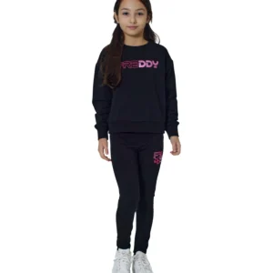 Felpa Freddy Nera Girocollo da Bambina – Logo Rosa Lucido, Modello Corto