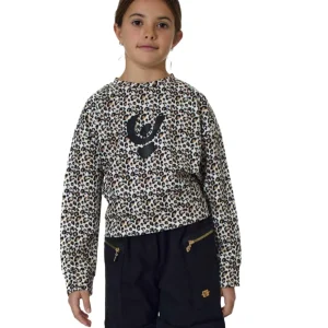 Felpa Girocollo Maculata con Logo Nero e Zip Oro