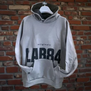 Felpa Grigia con Logo Lab84 con Cappuccio e Tasca Frontal