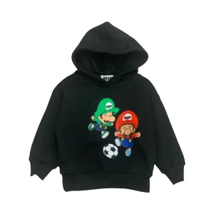 Felpa Nera Bambino con Cappuccio e Stampa Mario