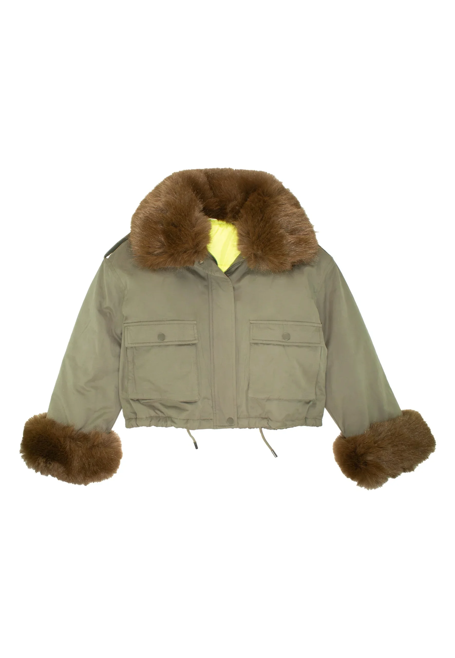 Giubbino Ragazza Corto Colore Militare – Pelliccia Staccabile e Fodera Verde Fluo - immagine 4