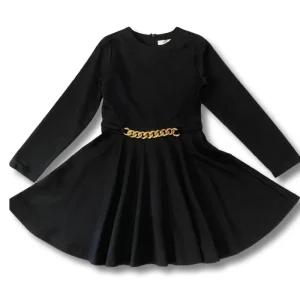 Y-Clù abito nero bambina elegante con cintura catena oro
