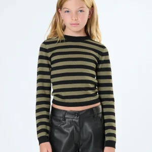 Maglia a Righe Verde Militare e Nera – Modello Corto Girocollo per Ragazza