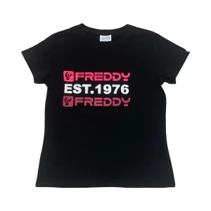 Maglietta Freddy Bambina Nera con Stampa Rosa – Cotone, Manica Corta