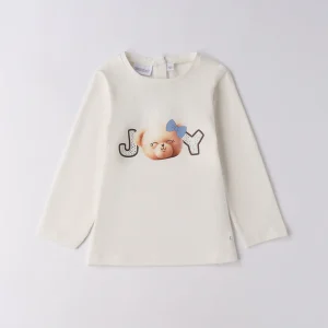 Maglietta bambina bianca maniche lunghe con disegno orsetto e scritta