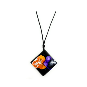 Collana con Pendente – Rombo nero – Cristallo Fluid art – Arancio Viola1