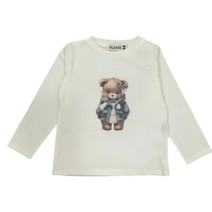 Maglietta bianca girocollo bambina con stampa orso e brillantini